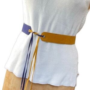 Vintage 70s Country Set Yellow and Navy Hippie Fringe Belt - One Size